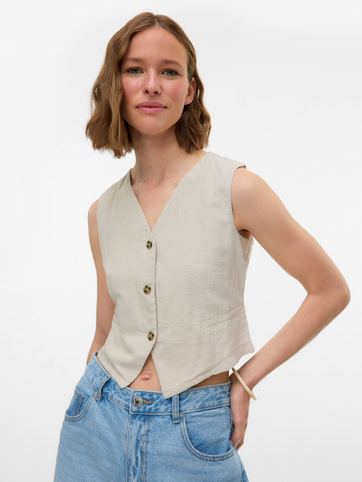 Top: Cotton & Linen Waistcoat Sleeveless V Neck  Buttons CAIA - Cream Beige - Vero Moda