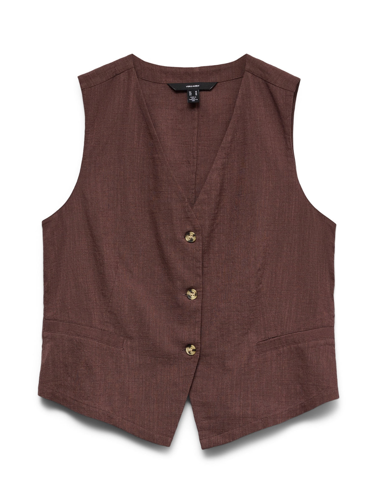 Top: Cotton & Linen Waistcoat Sleeveless V Neck  Buttons CAIA - Chocolate Brown Martini - Vero Moda