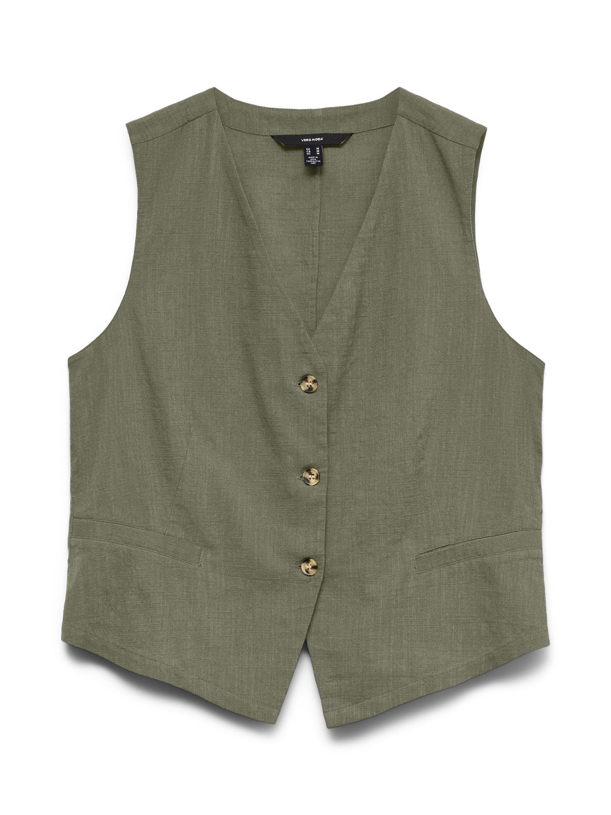 Top: Cotton & Linen Waistcoat Sleeveless V Neck  Buttons CAIA - Deep Lichen Green - Vero Moda