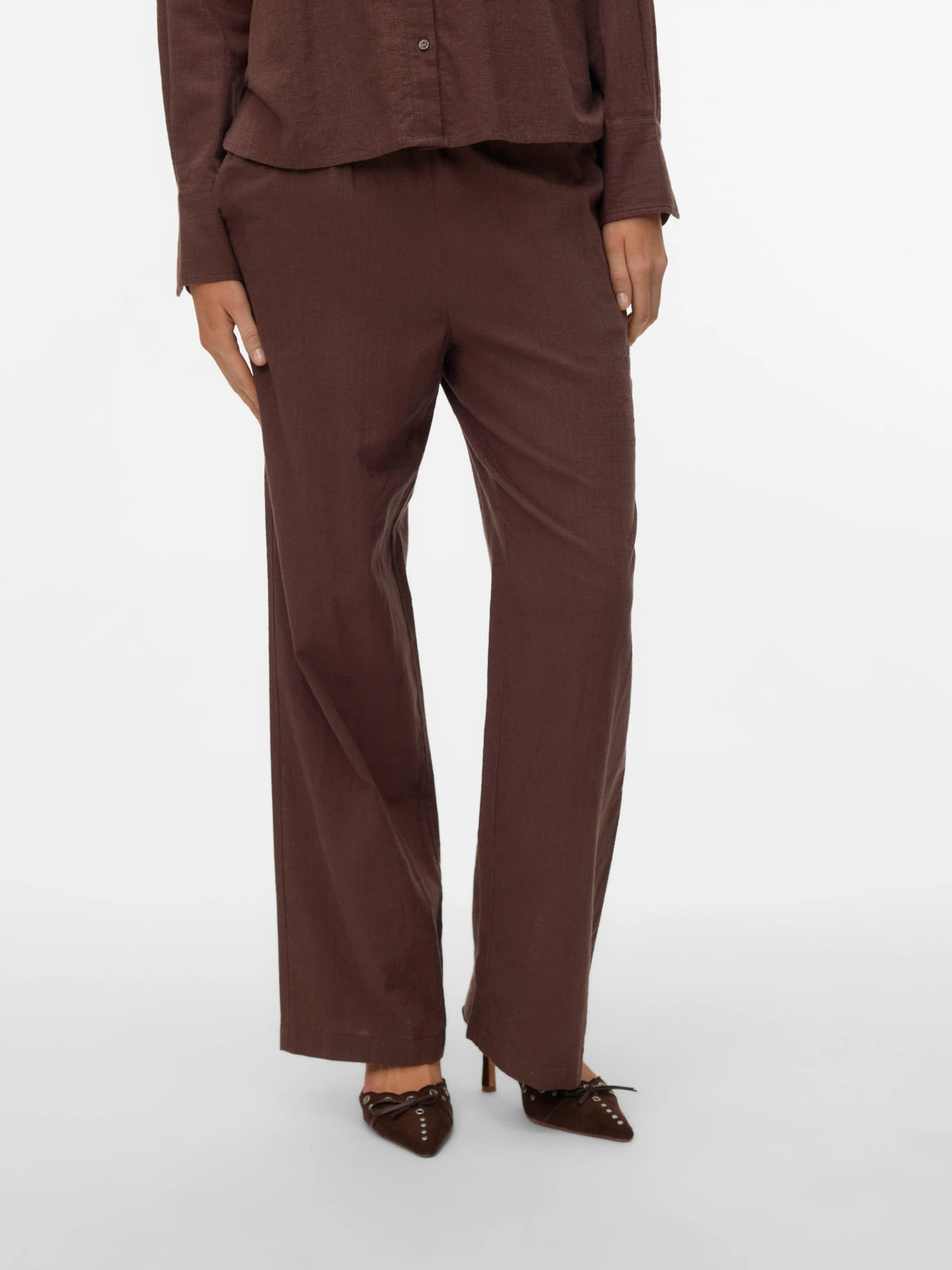 Trousers: Cotton & Linen Wide Leg Elasticated waist CAIA - Chocolate Brown Martini - Vero Moda