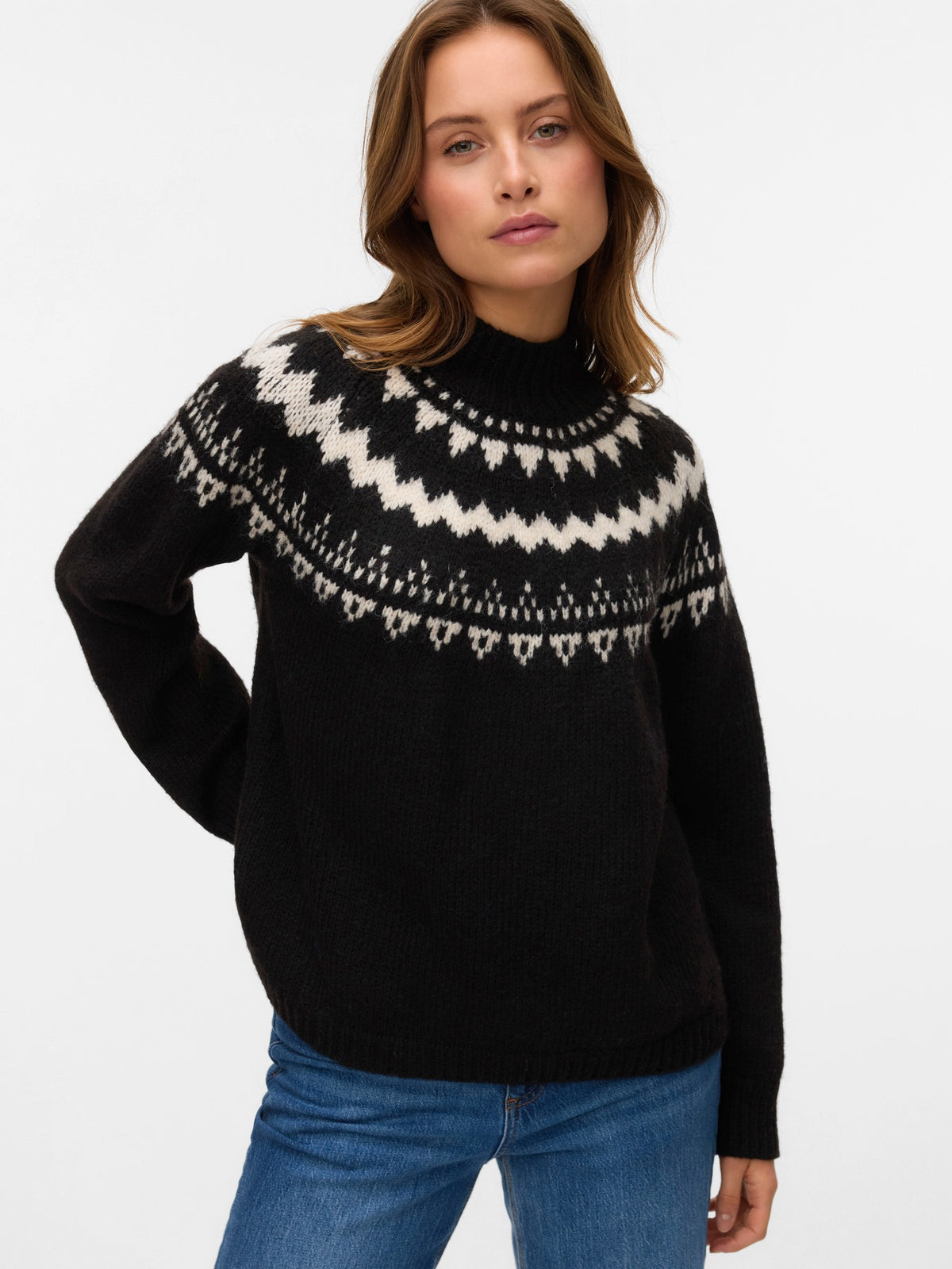 Jumper: Knit Wool Mix High Neck Long Sleeve Nordic Neck Line VIVIAN - Chocolate Brown & Cream