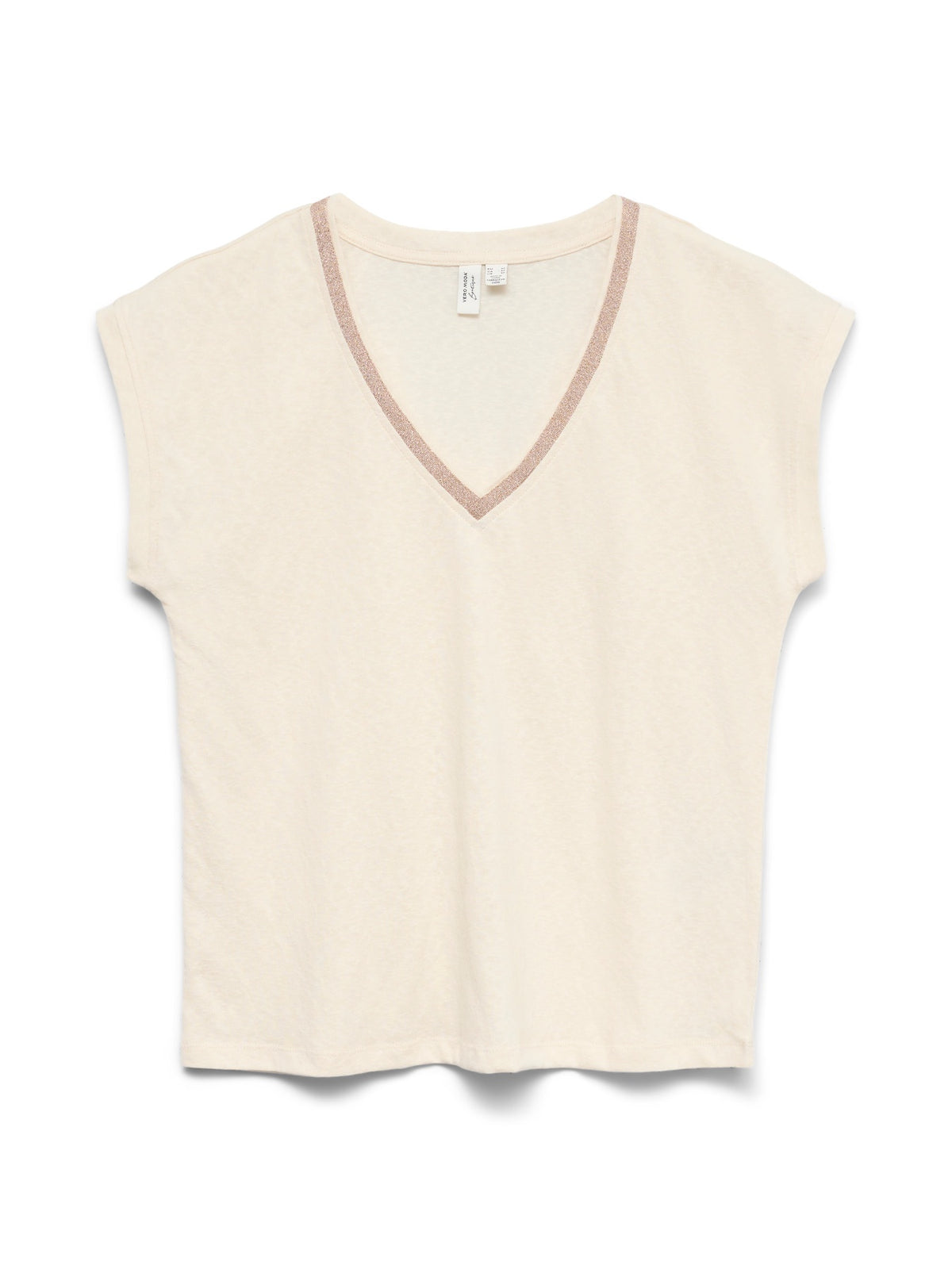 T-Shirt: Organic Cotton Glitter Neck Sleeveless V Neck ILMA - Birch Cream & Rose Gold - Vero Moda