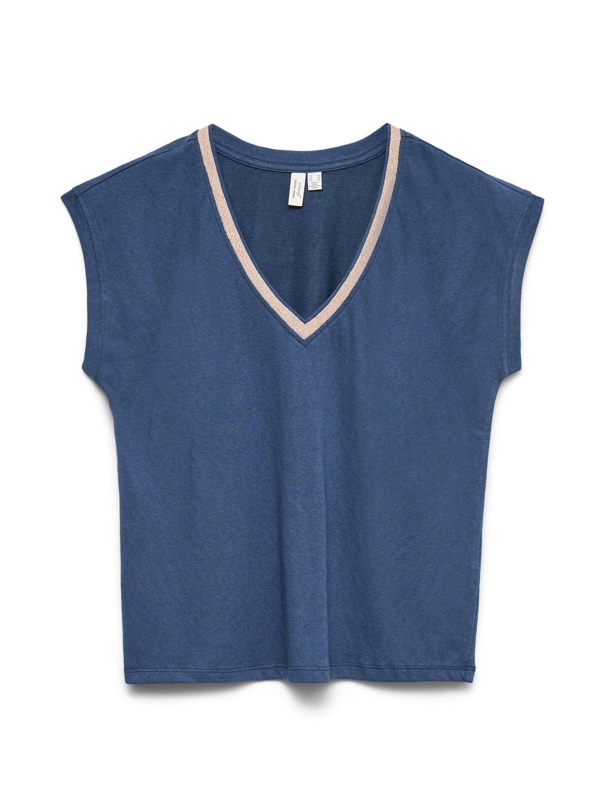 T-shirt: Organic Cotton Glitter Neck Sleeveless V Neck ILMA - Dark Denim Blue & Rose Gold - Vero Moda