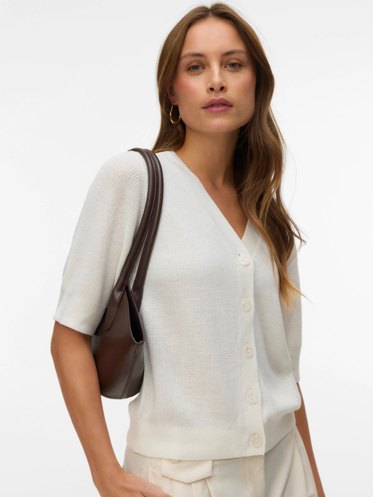 Cardigan: LENZING™ ECOVERO™ 2/4 Sleeve V Neck NEWLEX - Snow White - Vero Moda