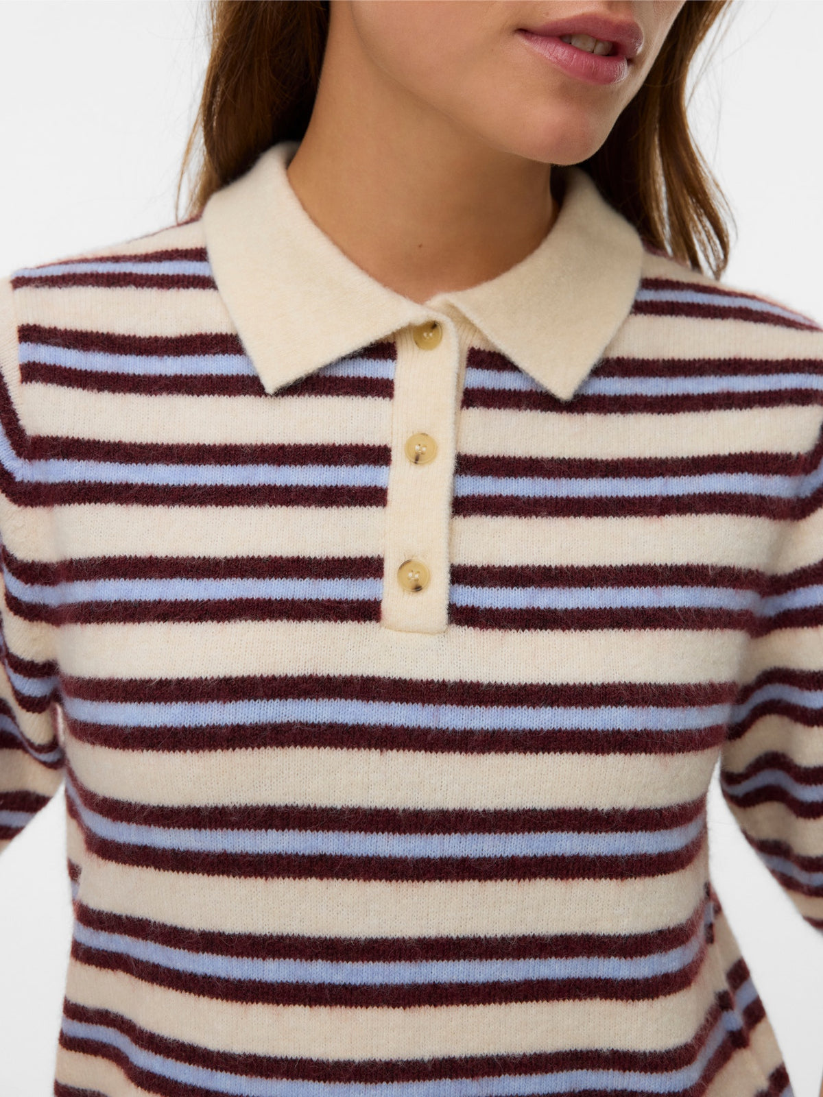 Top: Fine Knit Stripe Short Sleeve Polo Neck OCANNA - Cream & Blue - Vero Moda