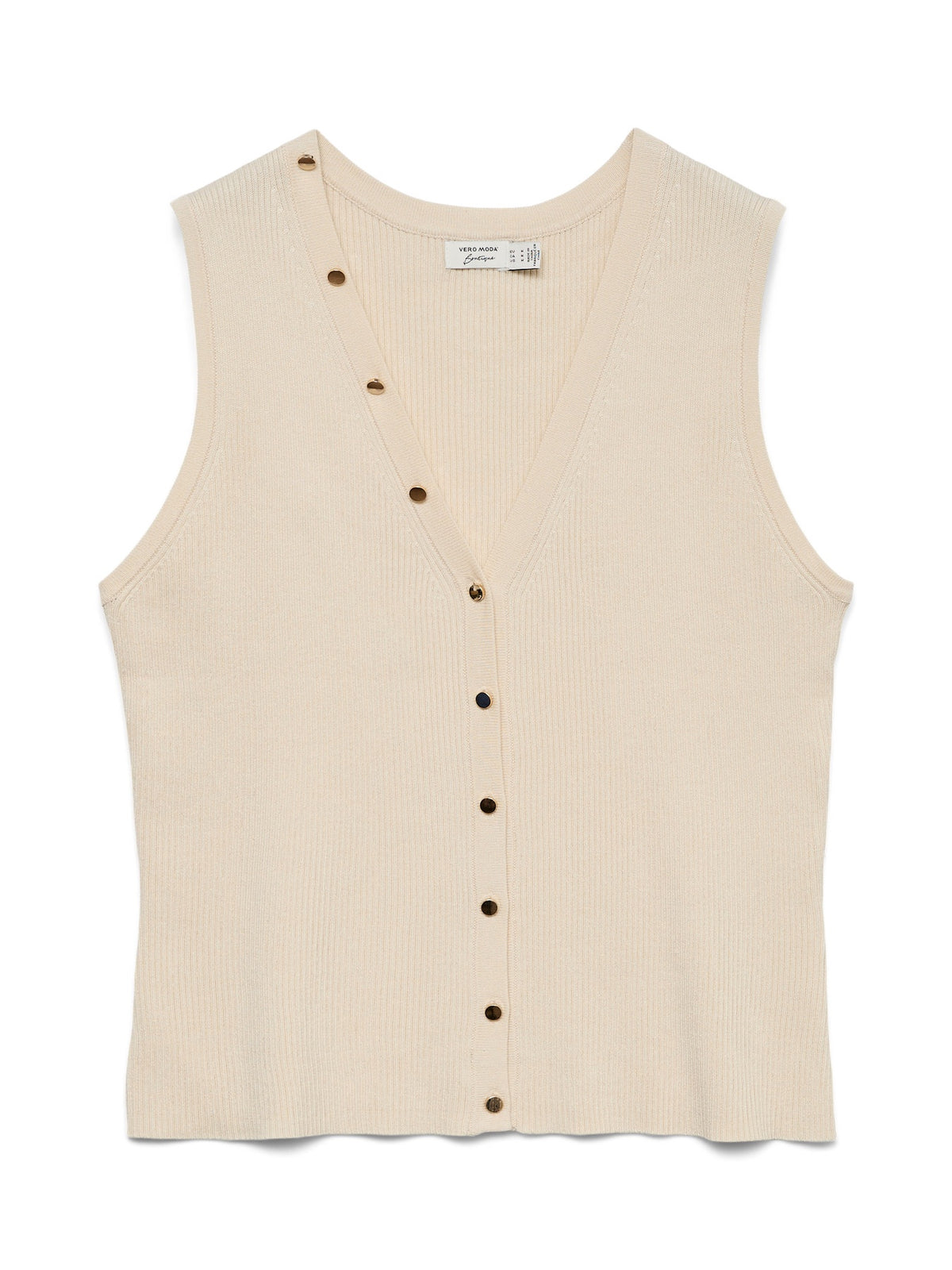 Vest Top: Livaeco Ribbed Gold Buttons Sleeveless V Neck DORY - Birch Cream - Vero Moda