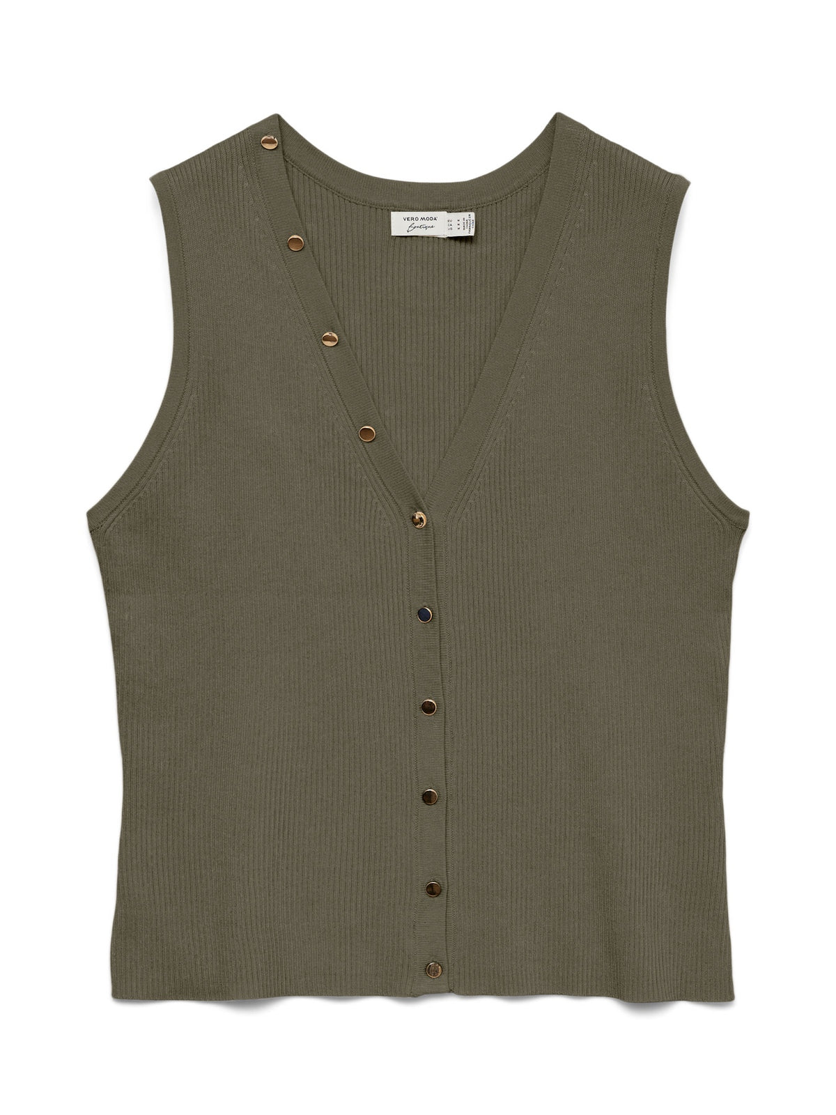 Vest Top: Livaeco Ribbed Gold Buttons Sleeveless V Neck DORY - Kalamata Green - Vero Moda