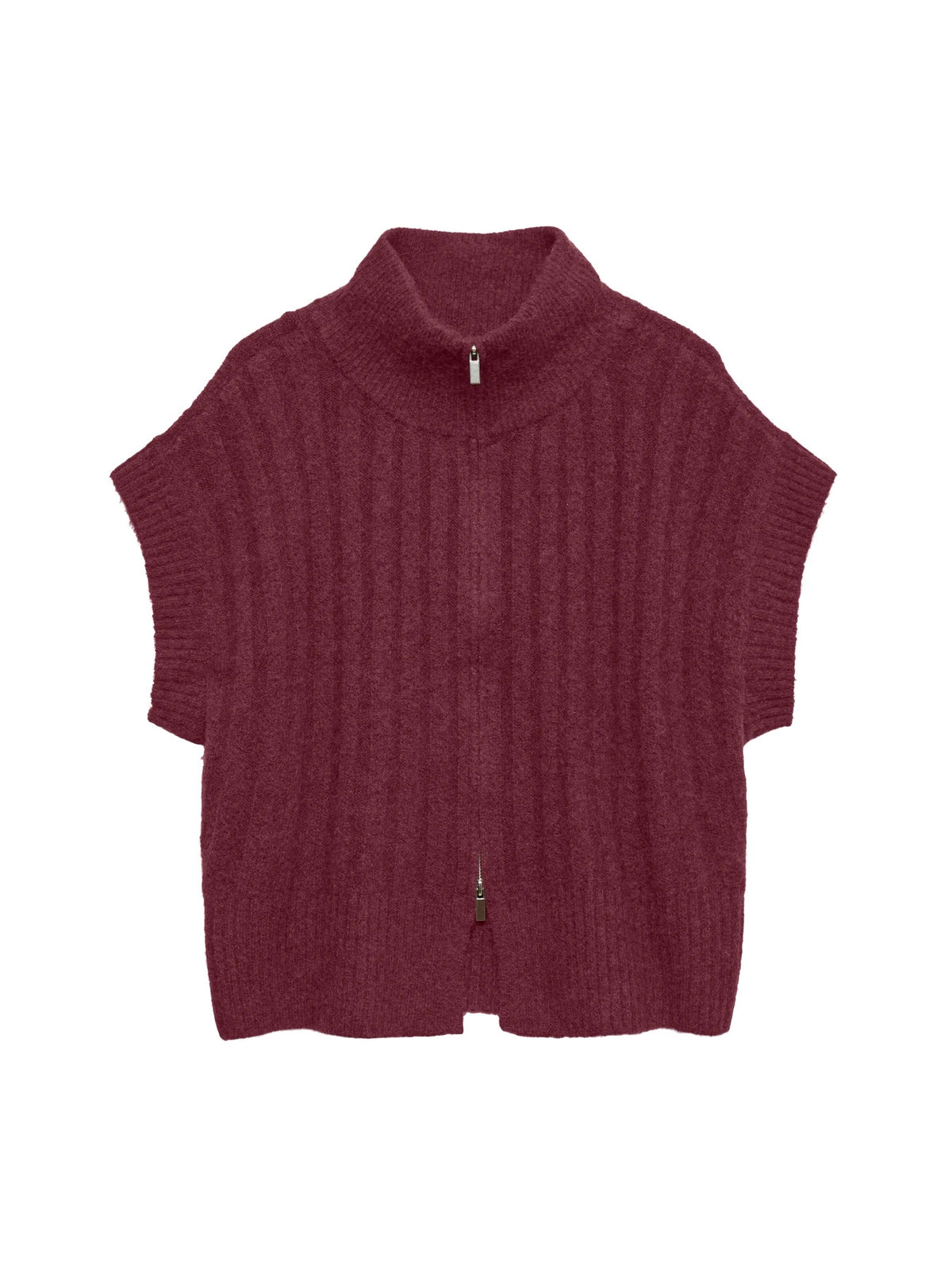 Top: Knit Short Sleeve Vest Zip High Neck - Wine Red  - Vero Moda