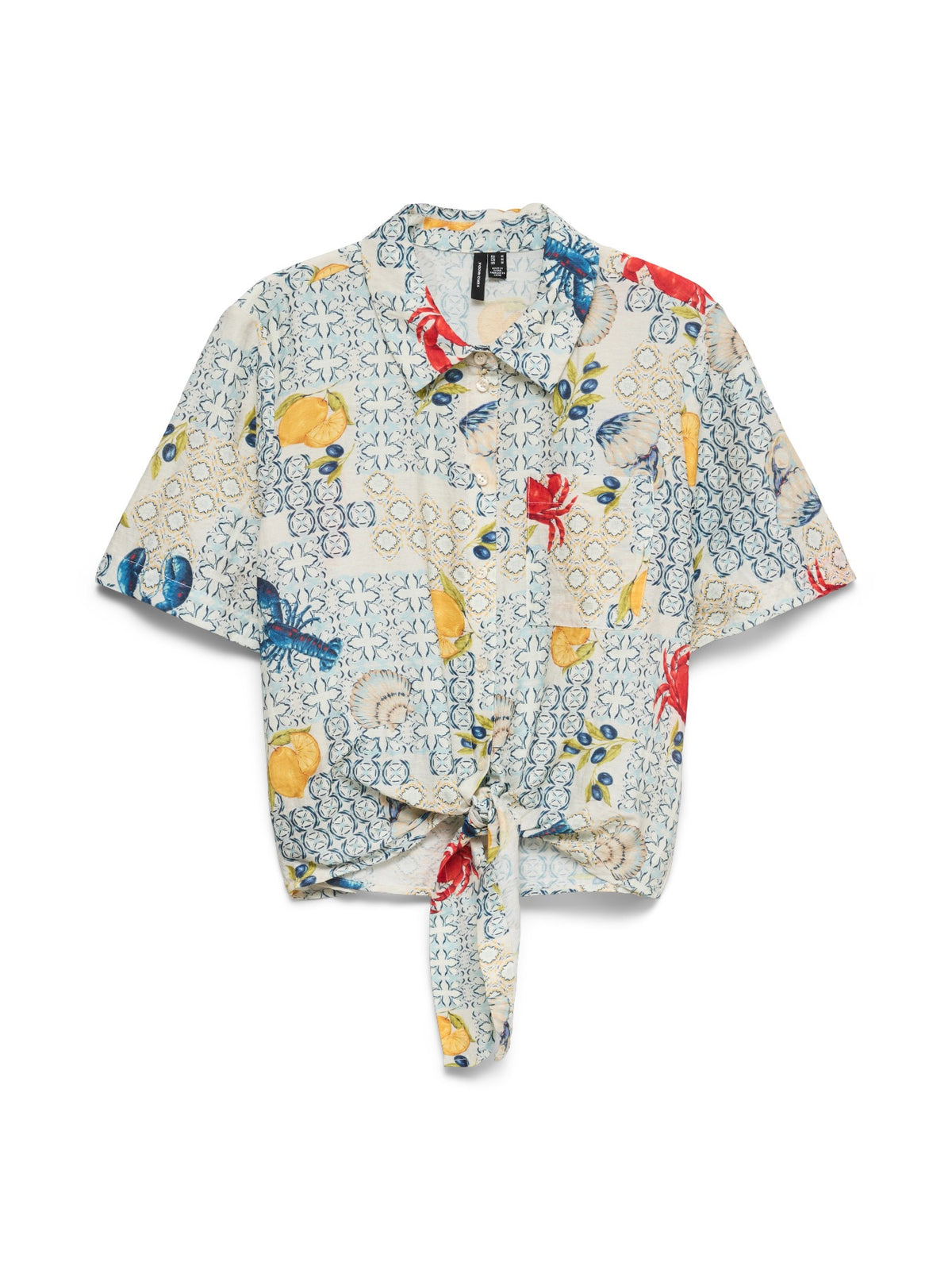 Shirt: Viscose Short Sleeve Short Tie Lobsyer Crab Print VALENTINA - Off White - Vero Moda