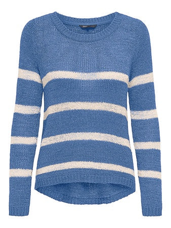Jumper: Fine Knit Round Neck Long Sleeve Stripe GEENA XO - Riviera Blue & Cream