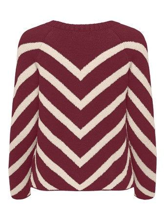 Jumper: Knit Round Neck Long Sleeve Chevron Pattern ELIZA - Burgundy Cream