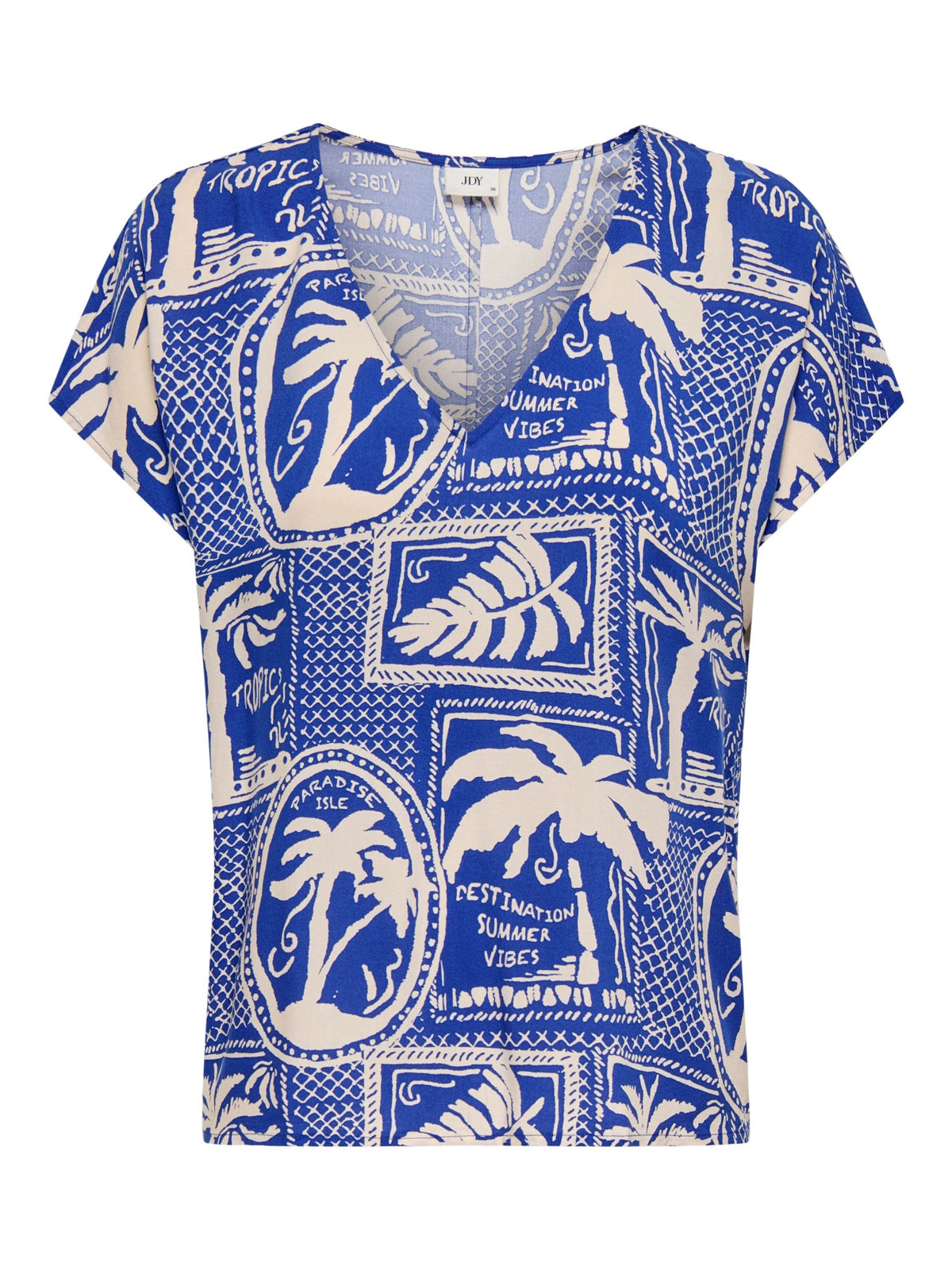 T-Shirt: V Neck Cap Sleeve Tapioca Palms JDYSTAR - Blue - JDY
