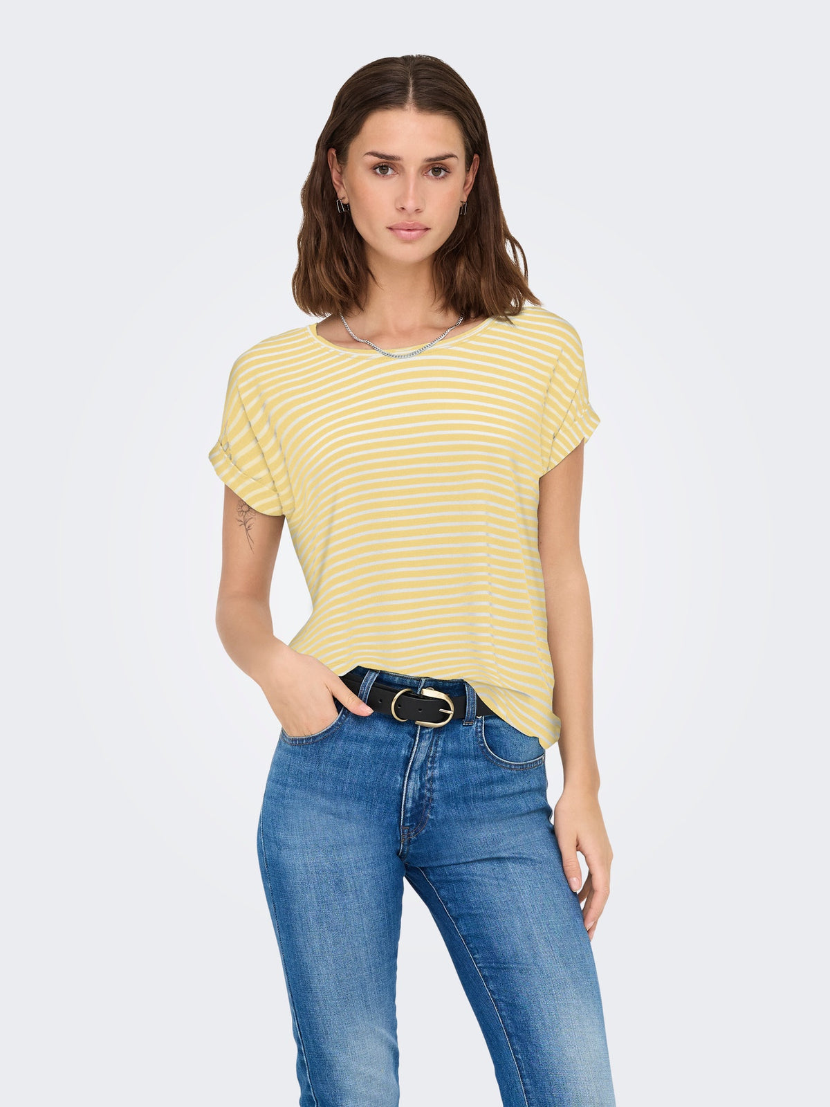 T-Shirt: Jersey Short Sleeve O Neck Stripe MOSTER - Banana Yellow & Cream - ONLY