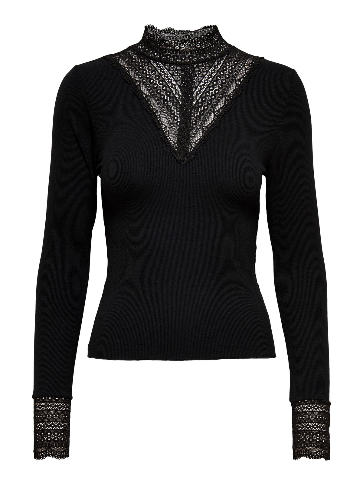 Top: Viscose Stretch High Neck Long Sleeve Lace TILDE - Black