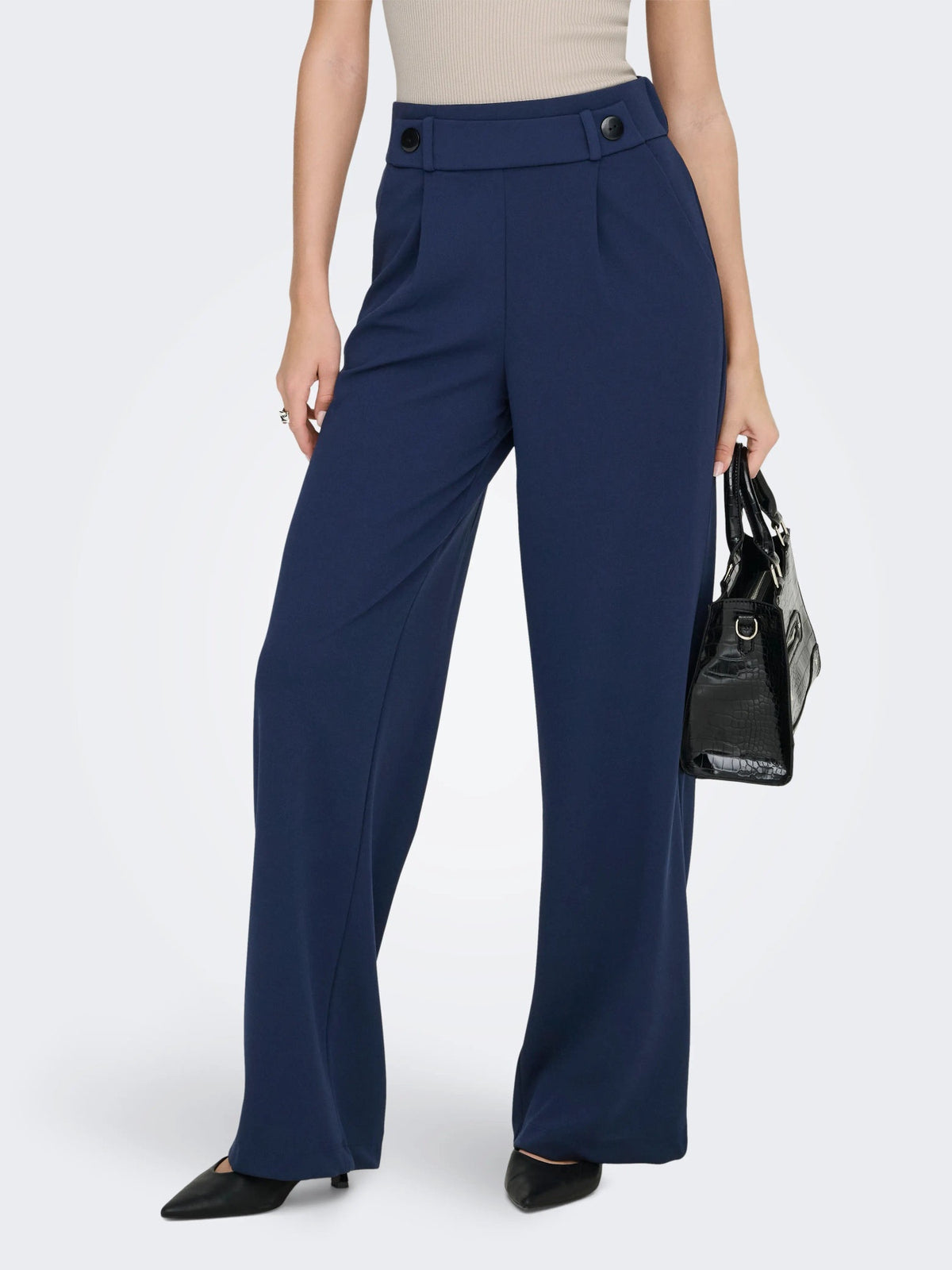 Trousers: Stretch Button Wide Leg 32" GEGGO - Navy Blue BLACK BUTTONS - JDY