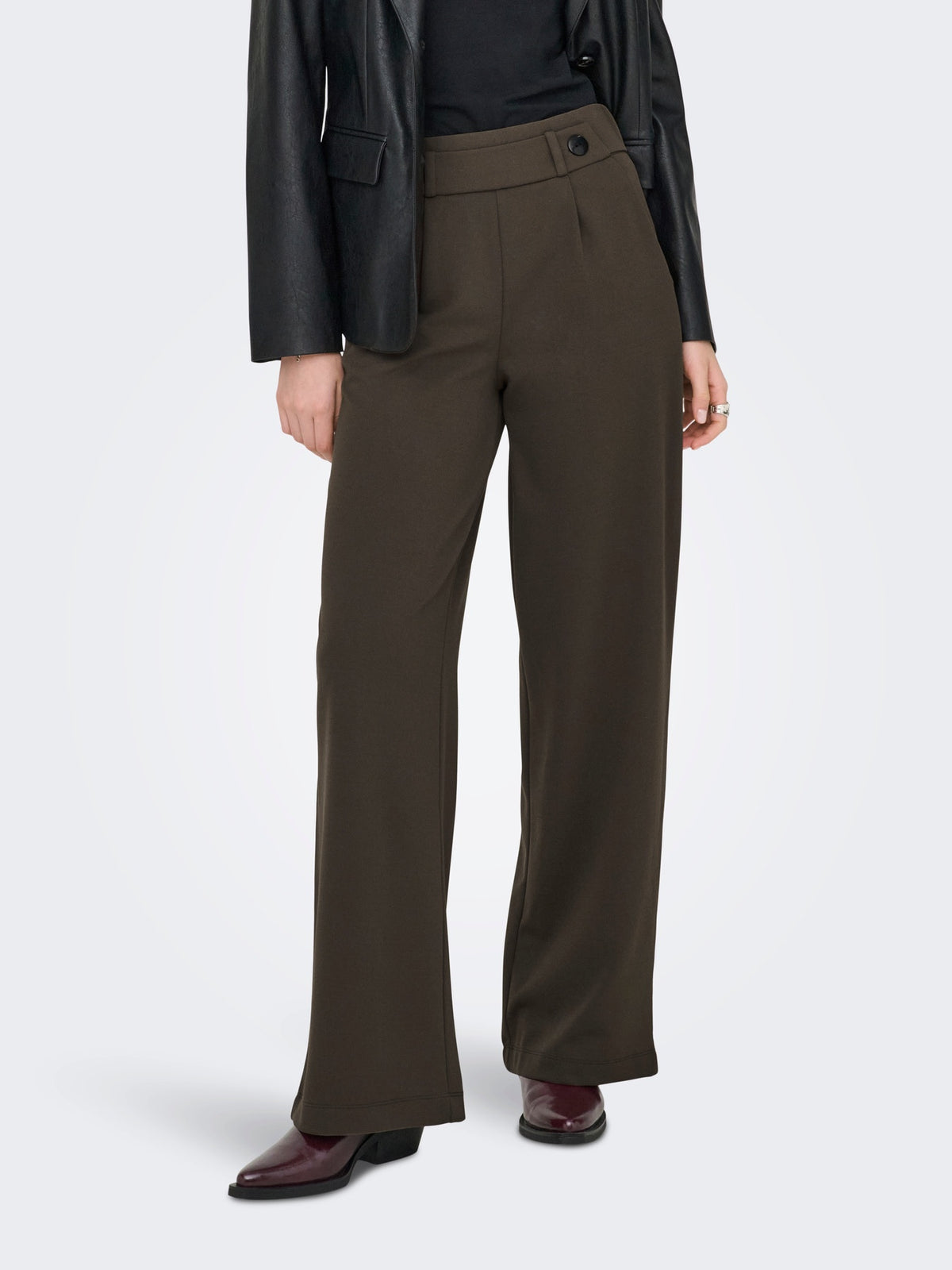 Trousers: Stretch Button Wide Leg 32" GEGGO - Chocolate Brown BLACK BUTTONS - JDY