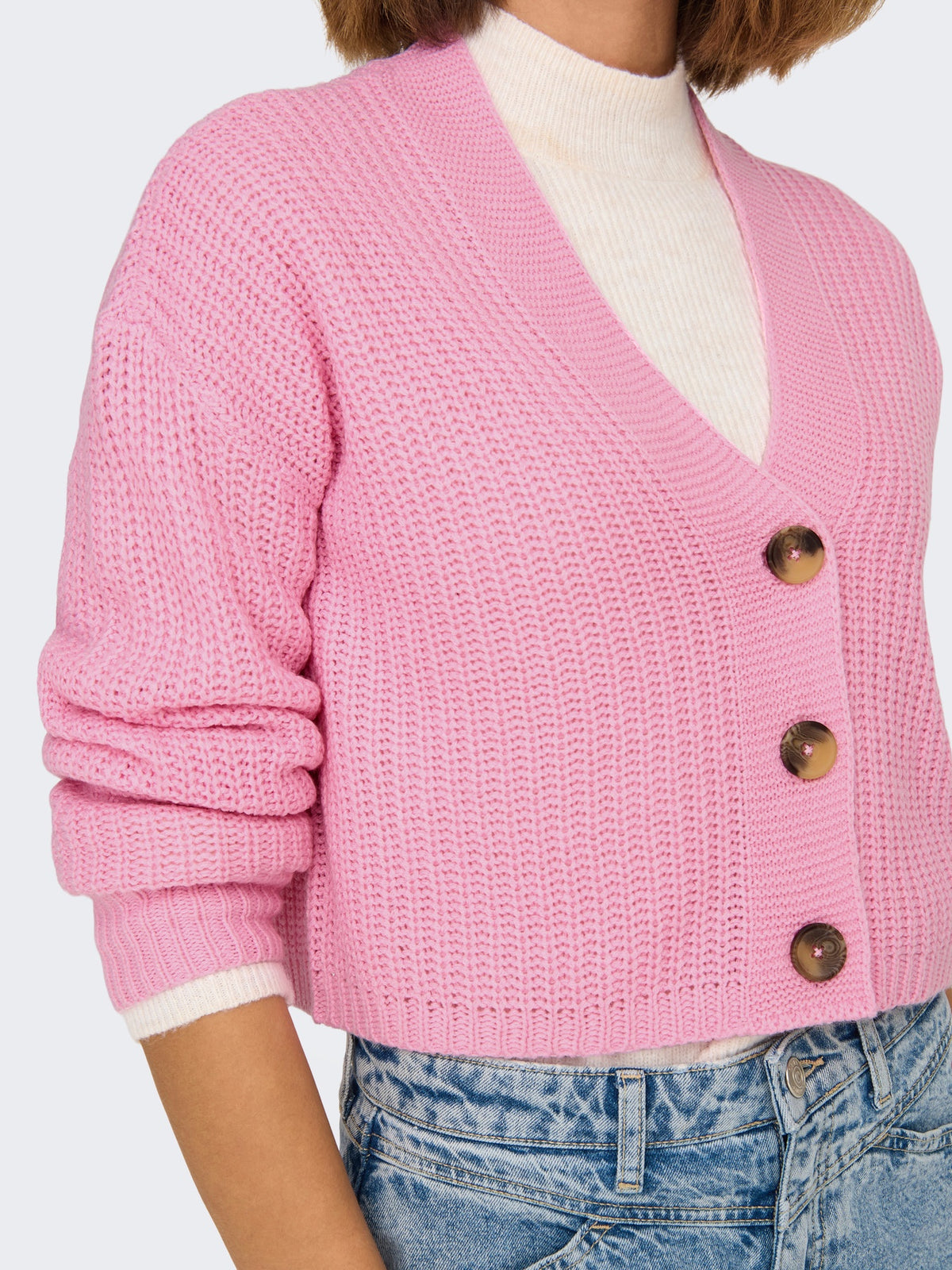 Cardigan: Fine Knit V Neck Long Sleeve Ribbed CAROL - Prism Pink - ONLY