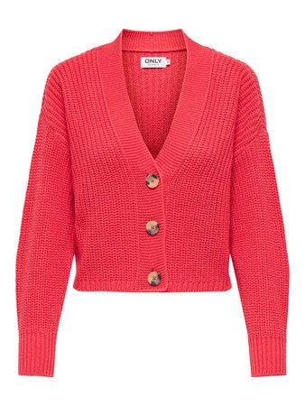 Cardigan: Fine Knit V Neck Long Sleeve Ribbed CAROL NICE - Cayenne Pink