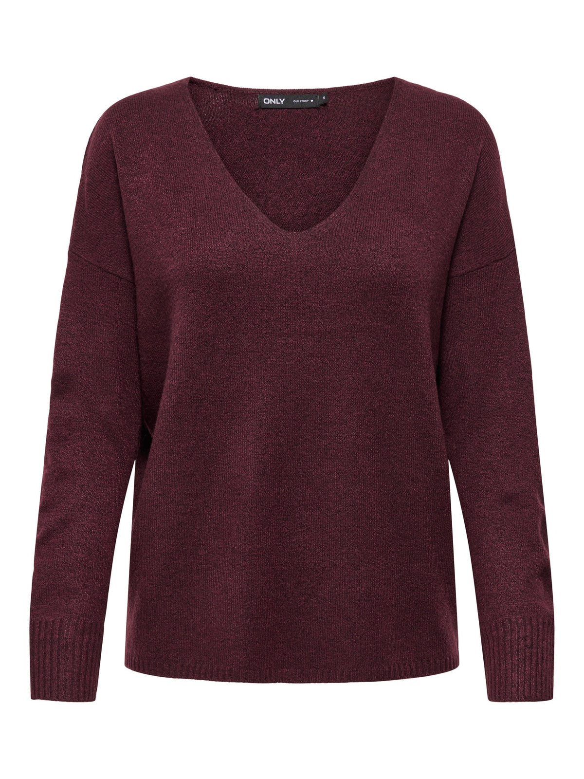Jumper: Fine Knit V Neck Long Sleeve RICA  - Burgundy - ONLY