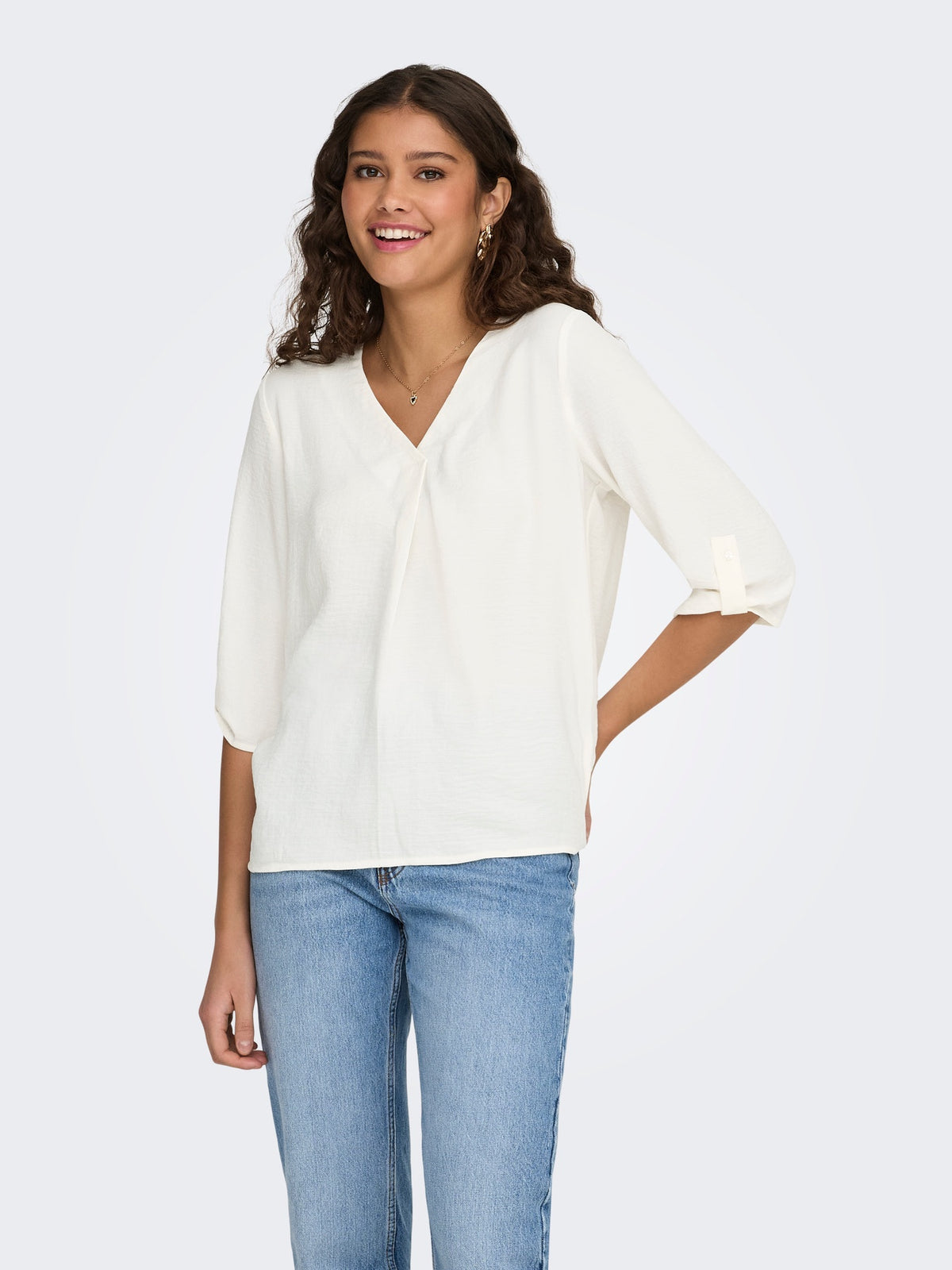 Blouse: Lightweight V Neck 3/4 Sleeve DIVYA - Cloud Dancer White - JDY
