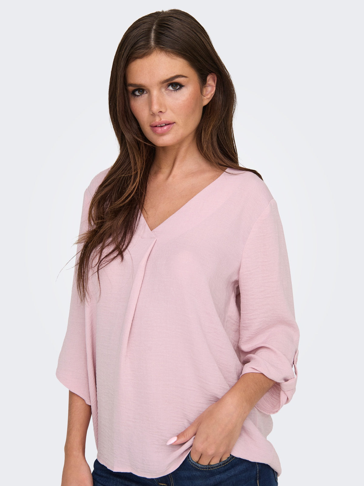 Blouse: Lightweight V Neck 3/4 Sleeve DIVYA - Pink - JDY