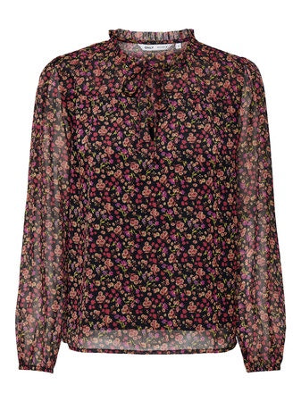 Blouse: Chiffon High Neck Long Sleeve Floral DITSY - Black & Pink
