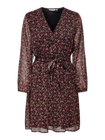 Short Dress: Chiffon V Neck Wrap Tie Waist Long Sleeve Floral DITSY CERA - Black & Pink