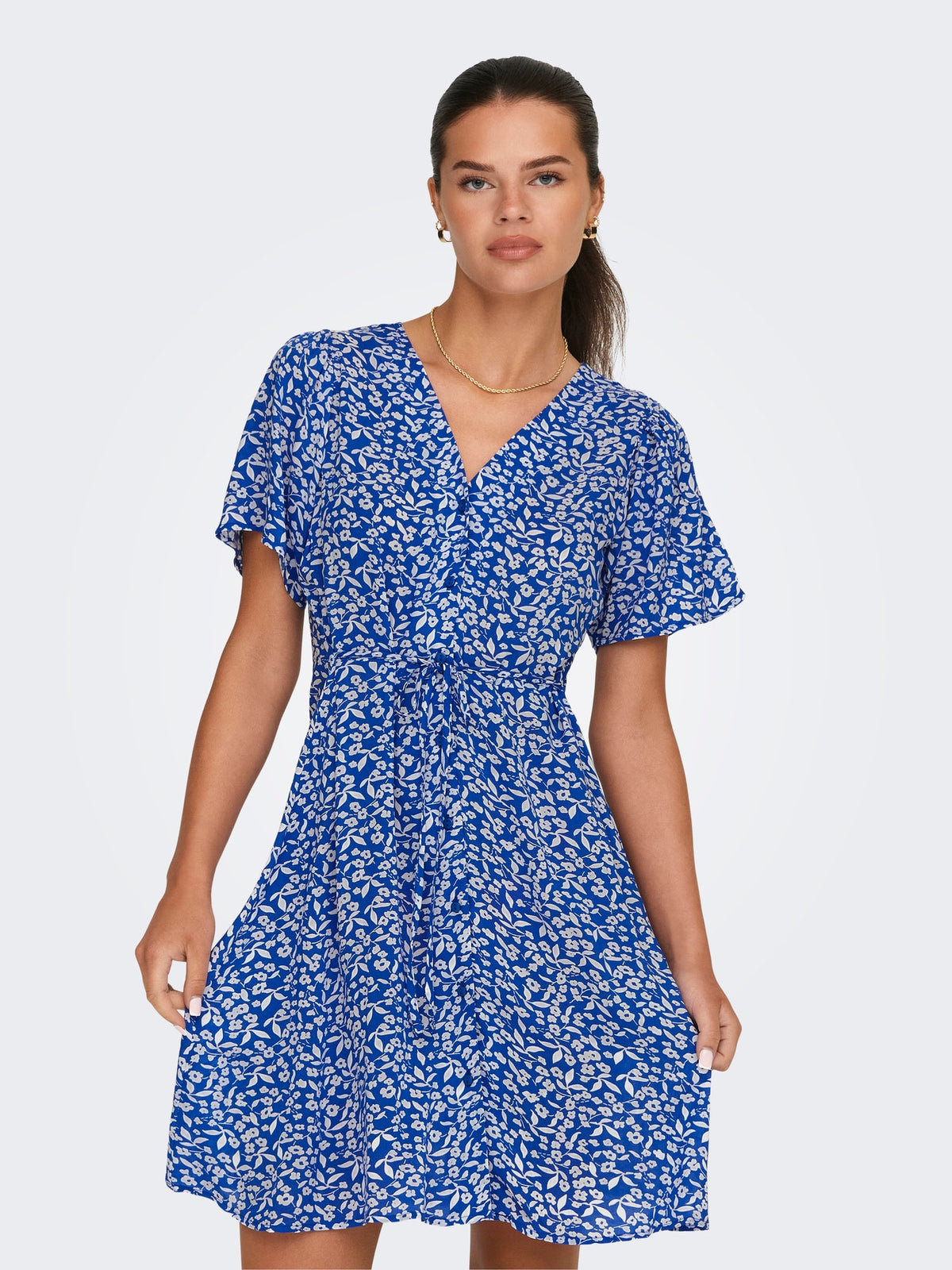 Midi dress: Viscose Short Sleeve V Neck Buttons Floral Print EVIDA - Nebula Blue - ONLY