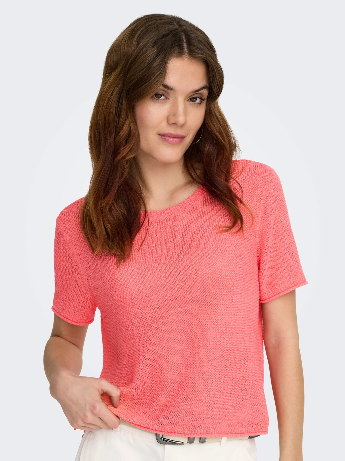 Top: Fine Knit Short Sleeve O Neck SUNNY - Sugar Coral - ONLY
