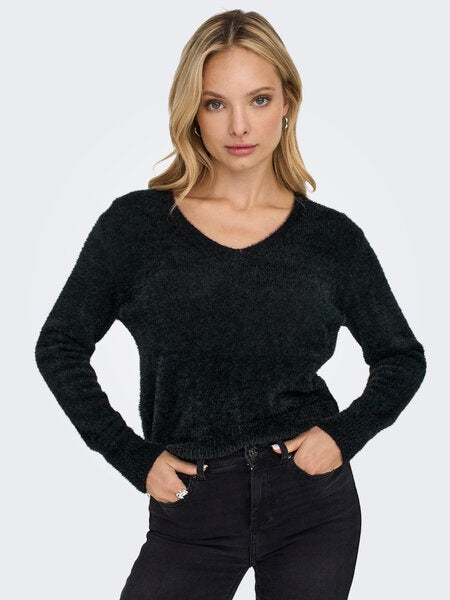 Jumper: Fine Knit V Neck Long Sleeve  ELLA PIUMO - Black