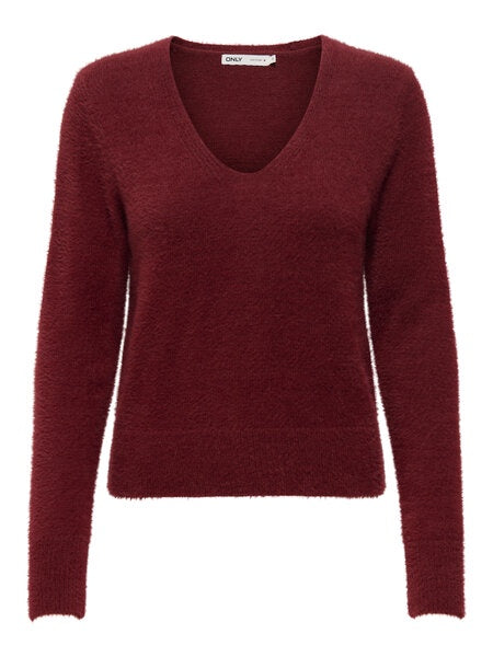 Jumper: Fine Knit V Neck Long Sleeve  ELLA PIUMO - Cabernet Red