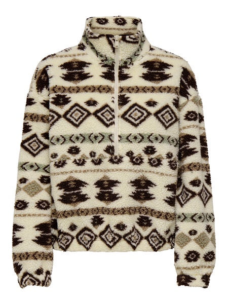 Sweatshirt: Teddy High Neck Long Sleeve Half Zip JANNE AZTEC - Cream & Chocolate Brown