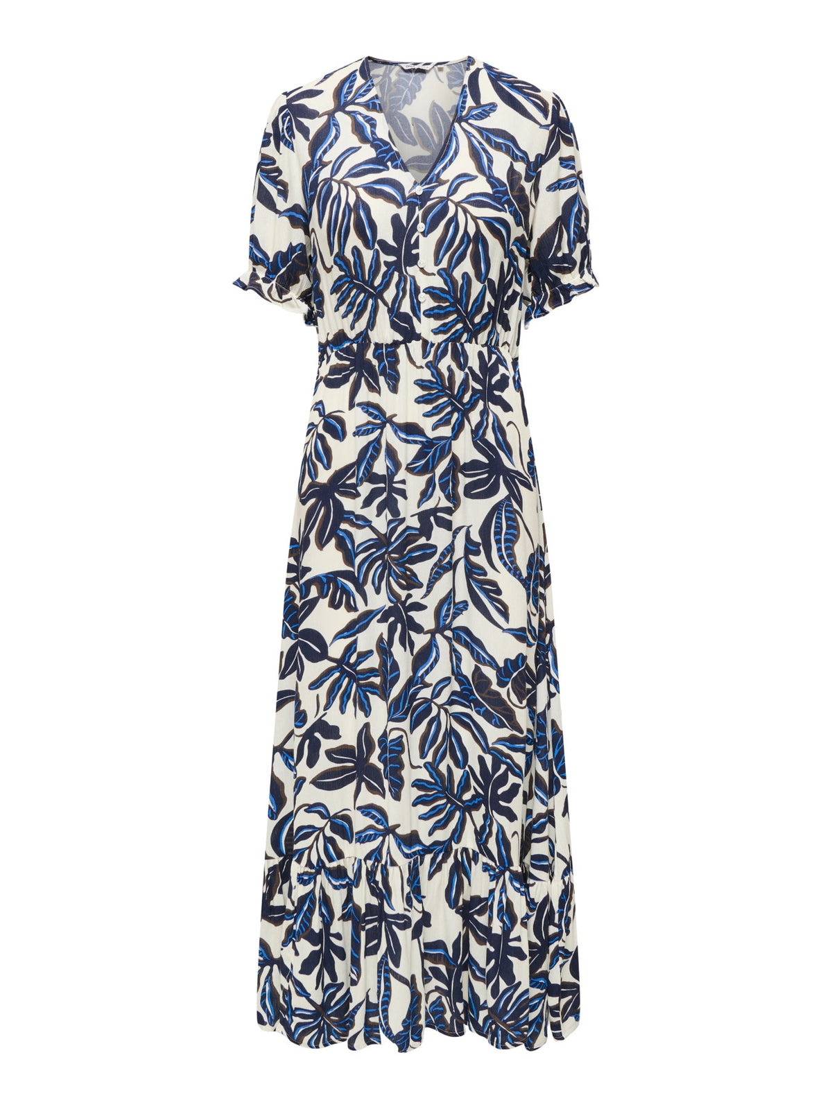 Long Dress: Lightweight V Neck Short Sleeve Leaf Flower CHIANTI - Cream Navy - ONLY