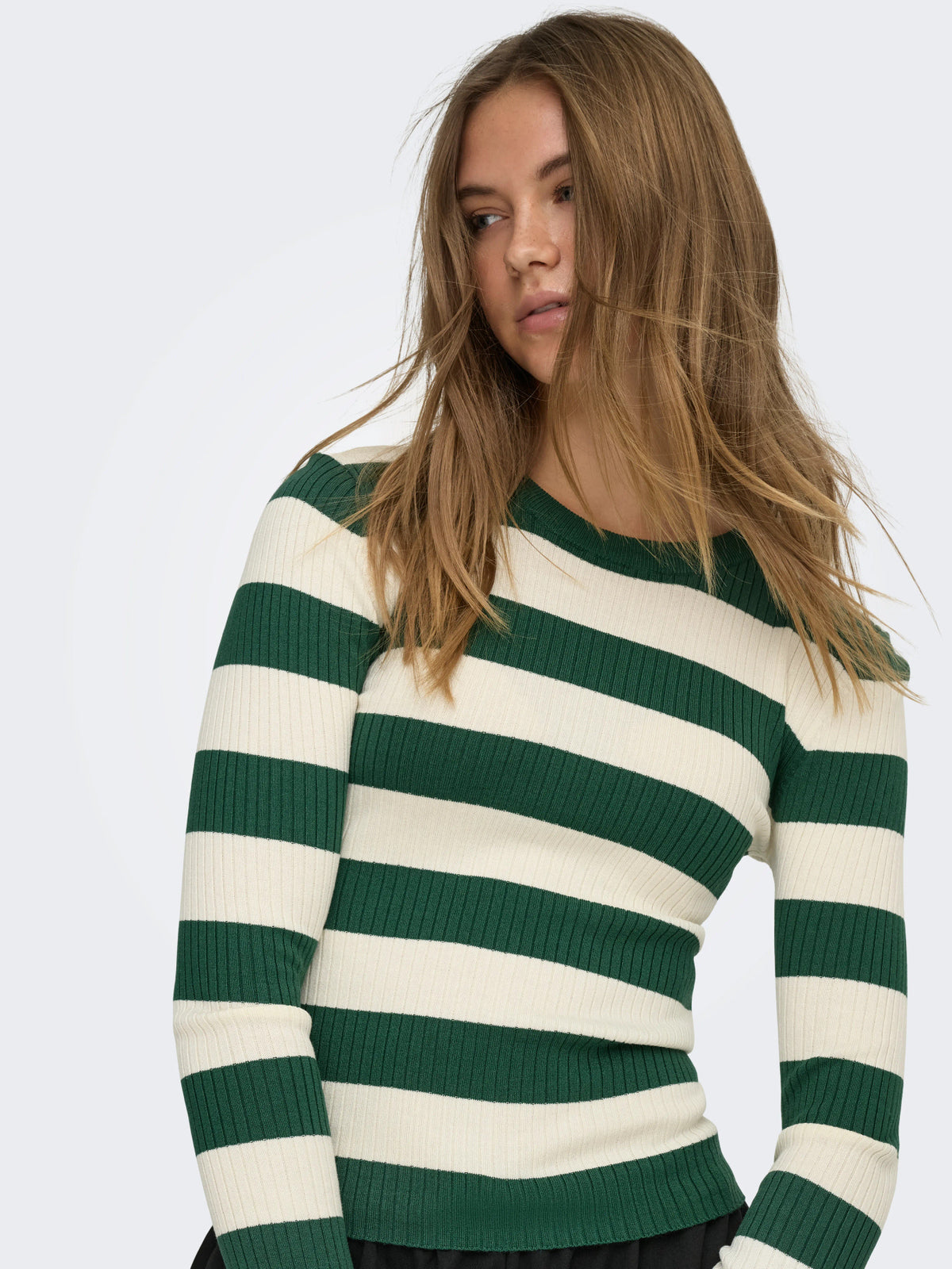 Top: Ribbed Long Sleeve O Neck Stripe PLUM - Green Cream - JdY