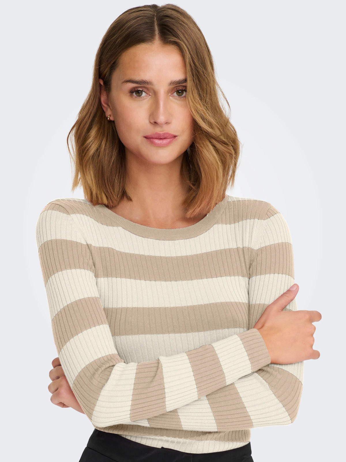 Top: Ribbed Long Sleeve O Neck Stripe PLUM - Humus Beige BIRCH - JdY