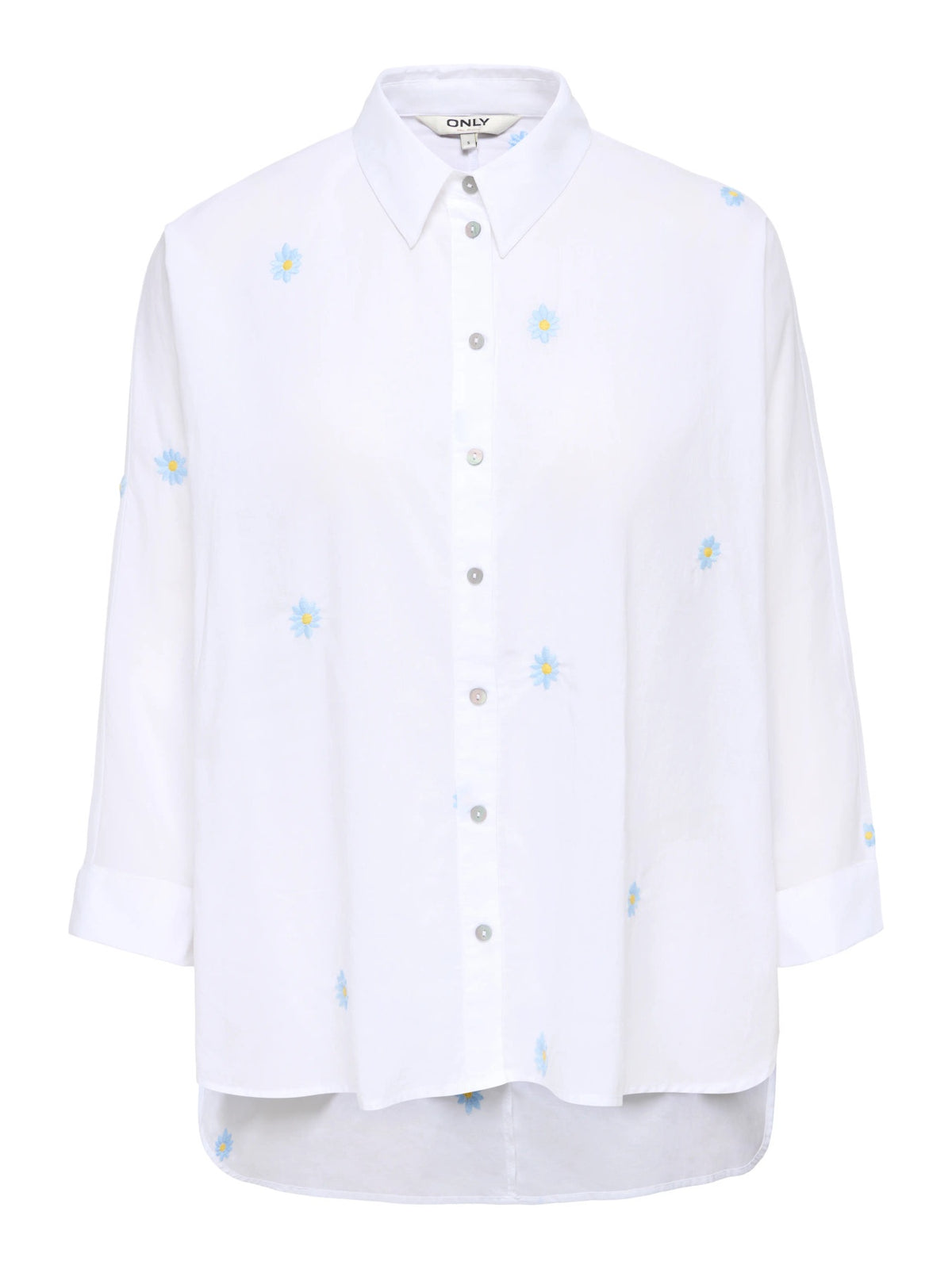Shirt: Cotton Long Sleeve Embroidered Blue Flower LINA GRACE- Bright White - ONLY