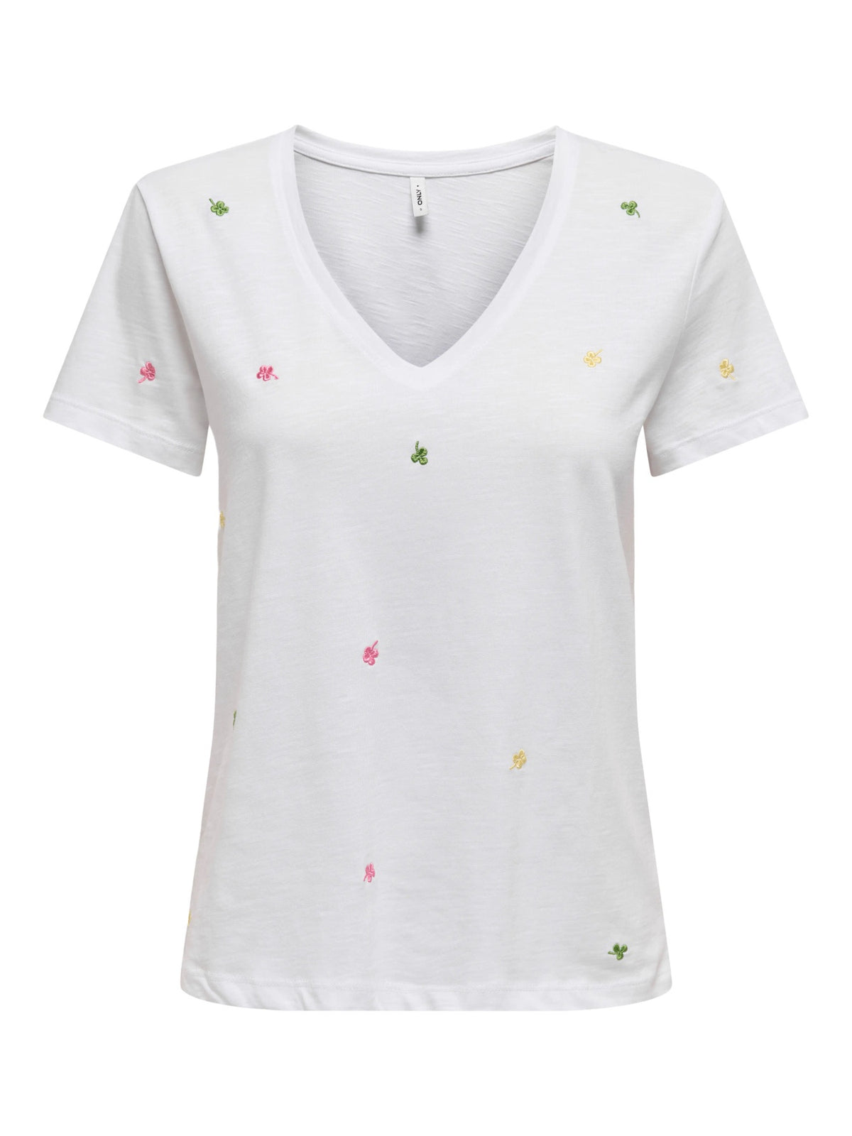 T-Shirt: Organic Cotton Short Sleeve V Neck Embroidered Clovers KETTY - Bright White - ONLY