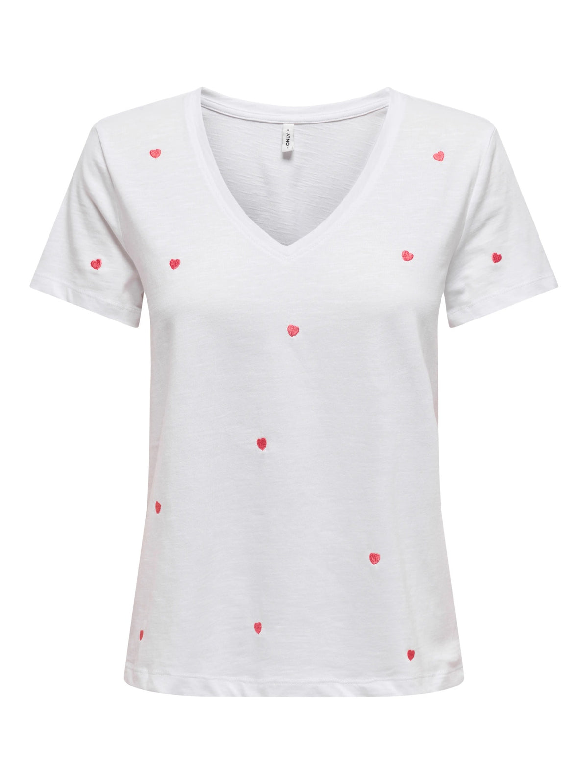 T-Shirt: Organic Cotton Short Sleeve V Neck Embroidered Red Heart KETTY - Bright White - ONLY