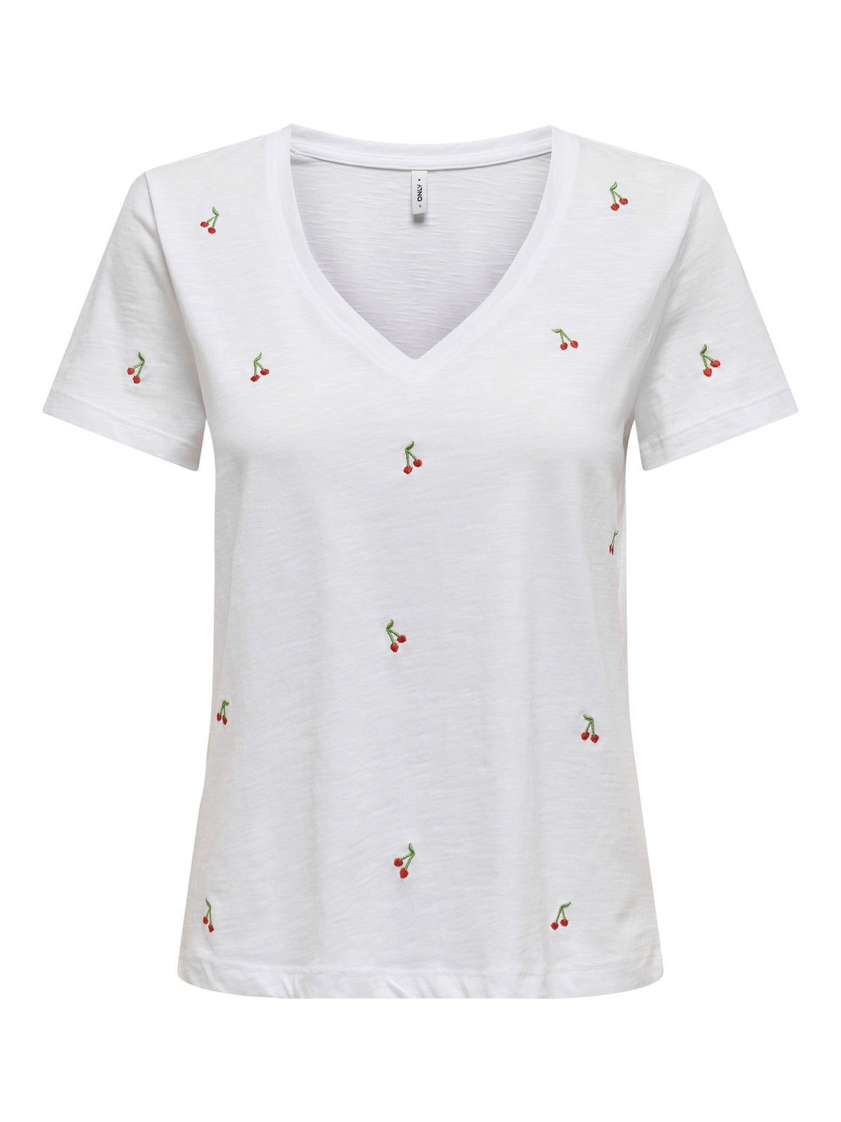 T-Shirt: Organic Cotton Short Sleeve V Neck Embroidered Cherries KETTY - Bright White - ONLY