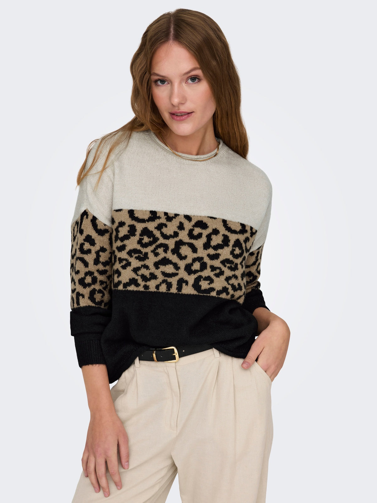 Jumper: Knit Round Neck Long Sleeve Panels Leopard JADE ANIMAL - Black & Cream