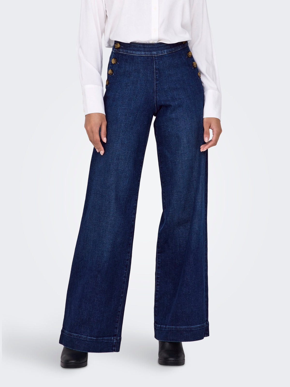 Jeans: Stretch Cotton Button High Waist Wide Leg Leg "32 MADISON  - Dark Medium Blue Denim - ONLY