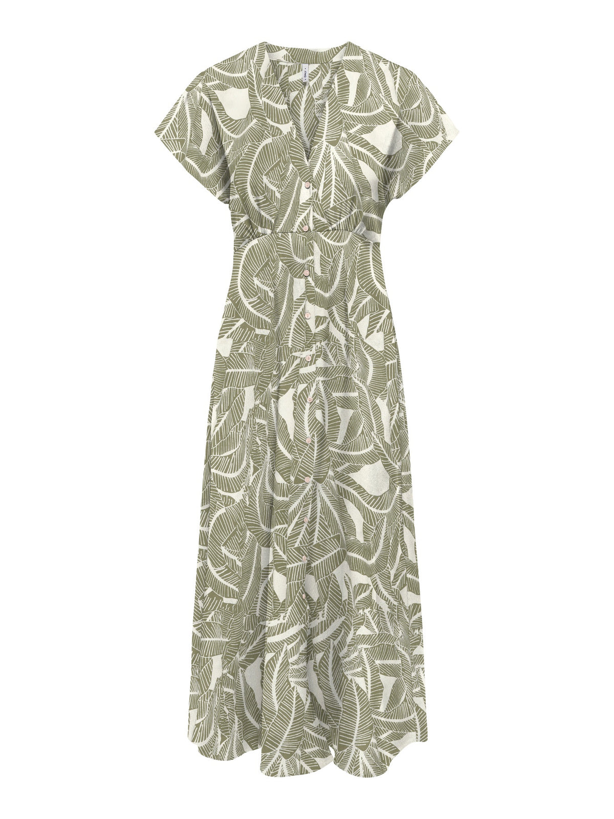 Long dress: Cellulose Short Sleeve V Neck Buttons Hawaii Leaves NOVA  - Green & White Hawaii leaves - ONLY