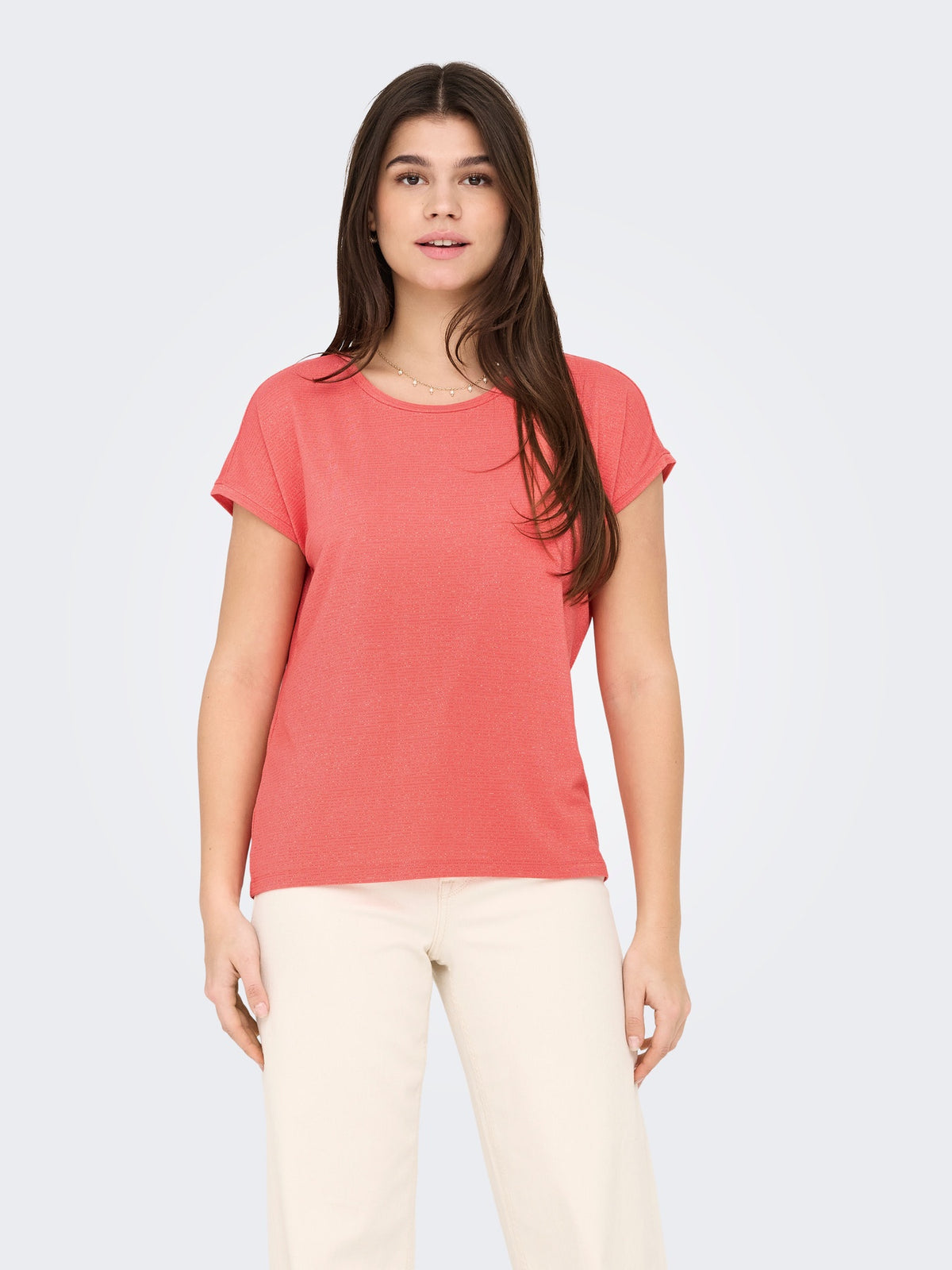 T-Shirt: ECOVERO Short Sleeve O Neck Lurex Gold Stripe CLAUDIA - Georgia Peach Coral - ONLY