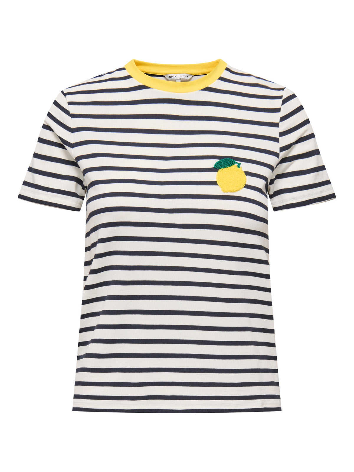 T-Shirt:Organic Cotton Stripe Embroidered Lemon Short Sleeve O Neck HEART - Bright White - ONLY