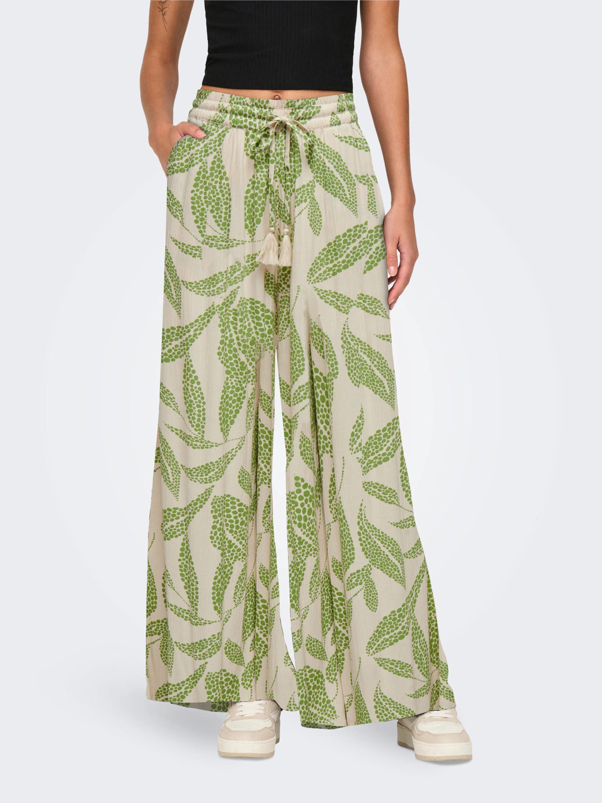 Trousers: Livaeco Wide Leg Mid Waist Pattern Leaves BREE - Cream Green - JdY