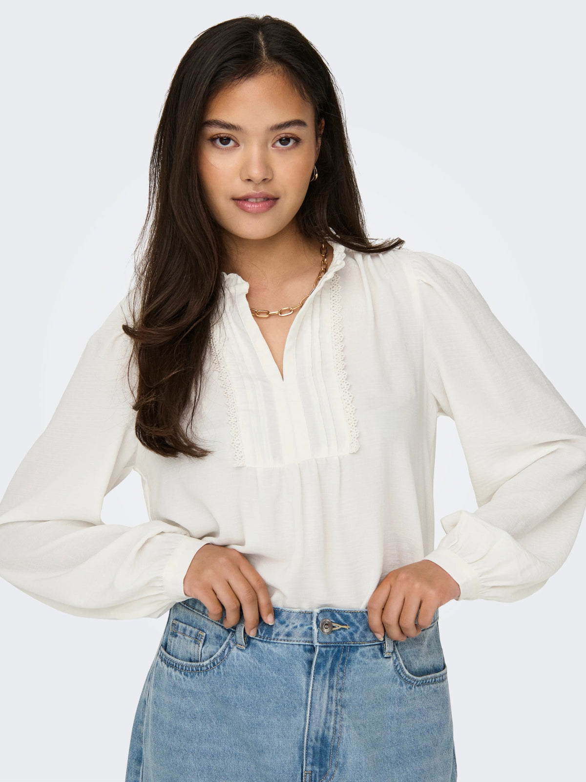 Blouse: Lightweight Long Sleeve Frill Collar RACHEL - White  - JDY
