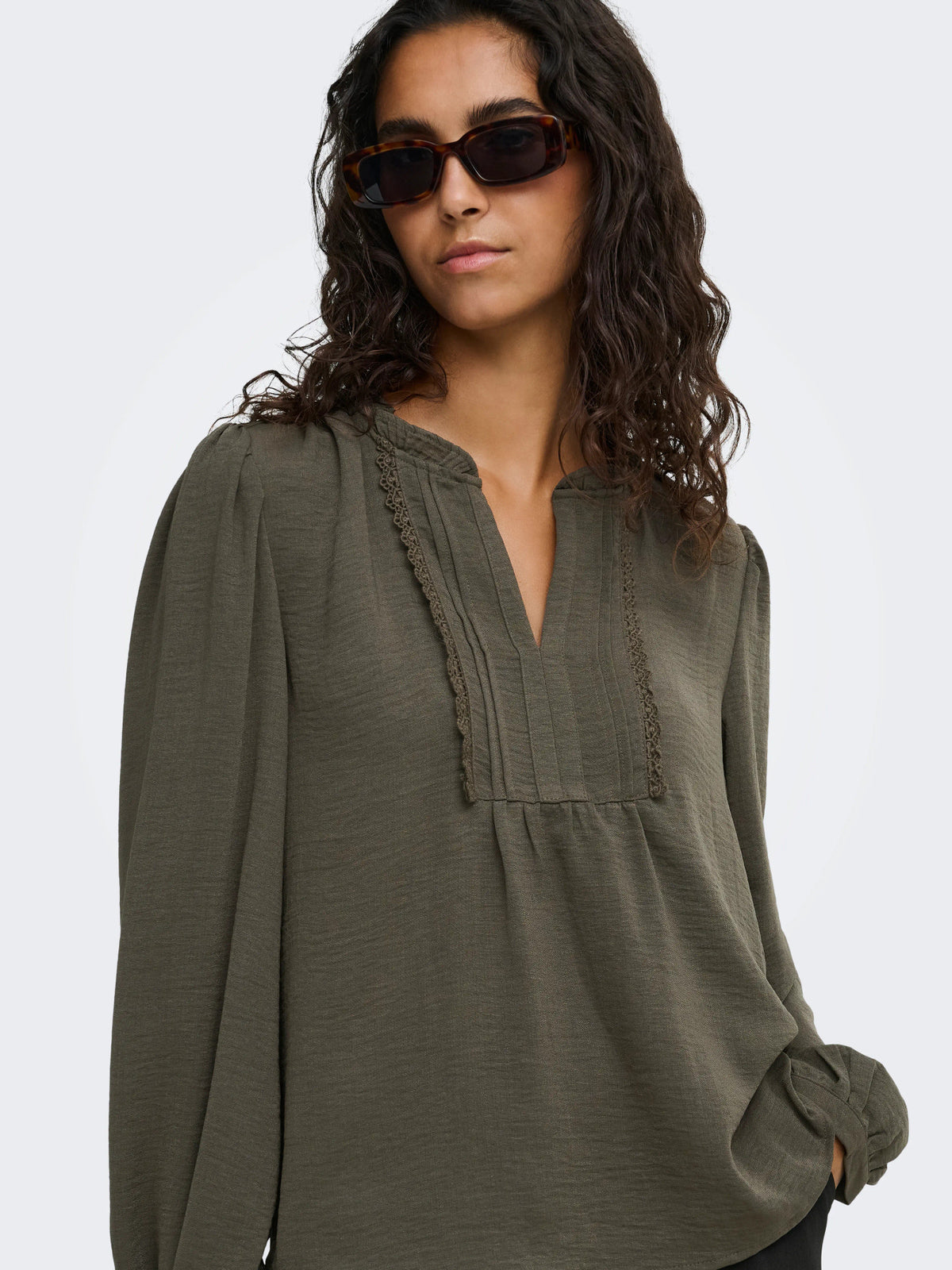 Blouse: Lightweight Long Sleeve Frill Collar RACHEL - Black Olive  - JDY