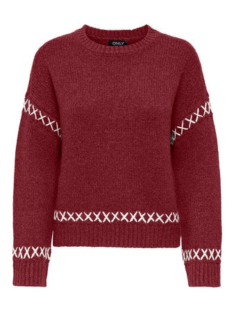 Jumper: Knit Round Neck Long Sleeve Stitching Detail AMANDA  - Wine Red