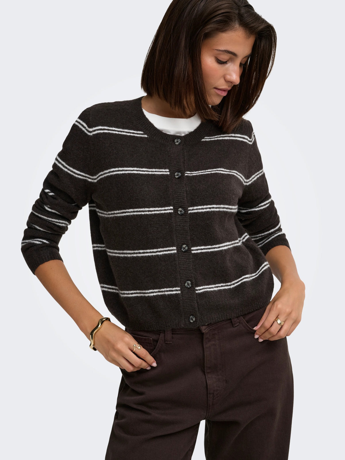 Cardigan: Knit O Neck Buttons Long Sleeve Striped CHLOE - Chocolate Torte MELANGE - JDY