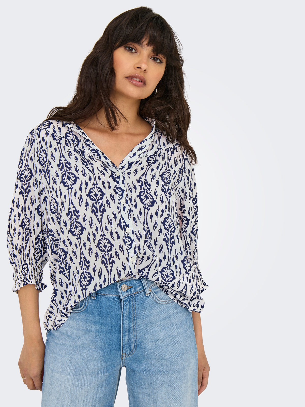 Shirt: Viscose 3/4 Sleeve Frill Collar Print RAYA - Navy Blue OCEAN GRAPHIC - ONLY